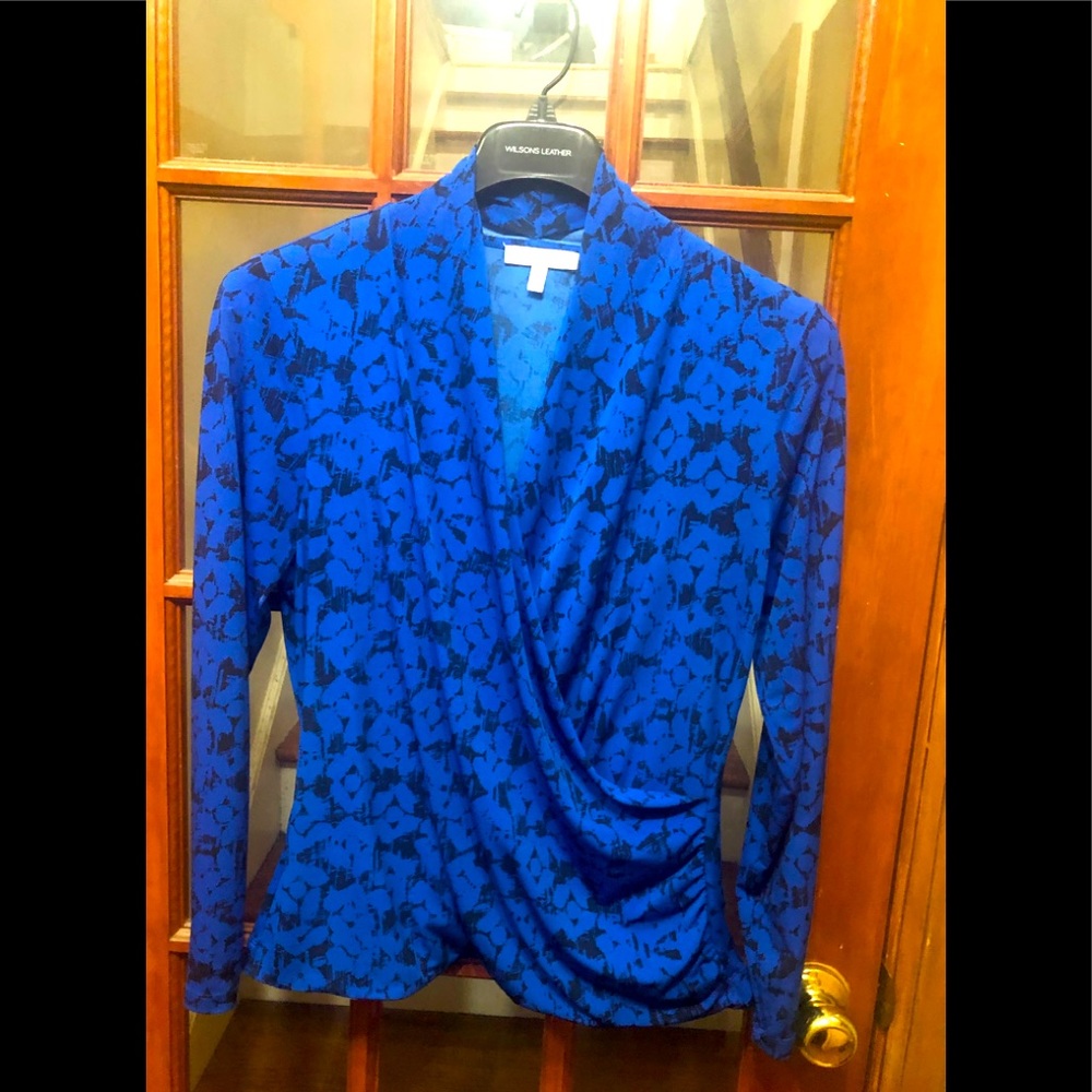 Royal blue V- neck ruched blouse. Dressy but very comfortable with suit .